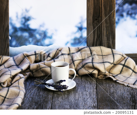 White cup of coffee or tea, lavender flowers  20095131