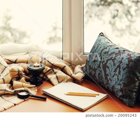 Open notepad, magnifier glass, pillow, candle, Open notepad, magnifier glass, pillow, candle, 20095243