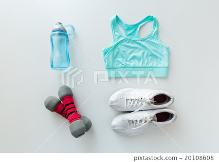 close up of sportswear, dumbbells and bottle 20108608