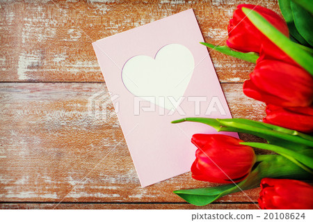 close up of tulips and greeting card with heart 20108624