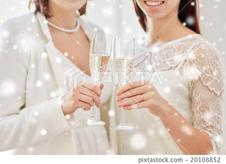 close up of lesbian couple with champagne glasses 20108852