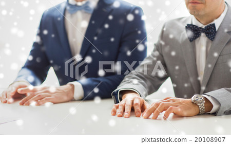 close up of happy male gay couple hands on wedding 20108907