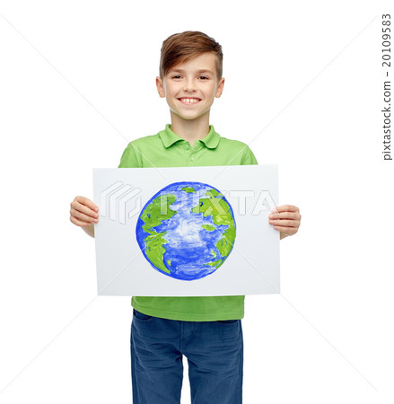 happy boy holding drawing or picture of earth 20109583