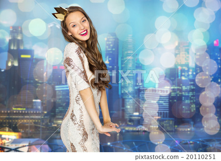 happy young woman or girl in party dress and crown 20110251