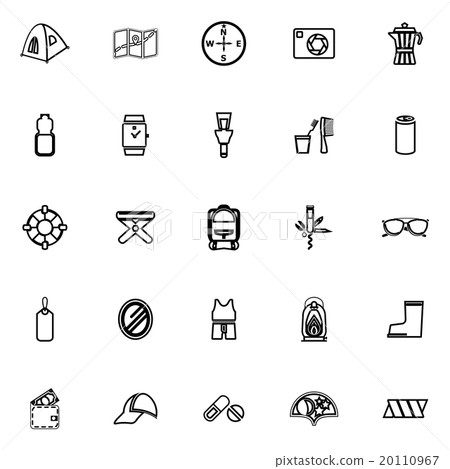 Camping necessary line icons on white background - Stock Illustration ...