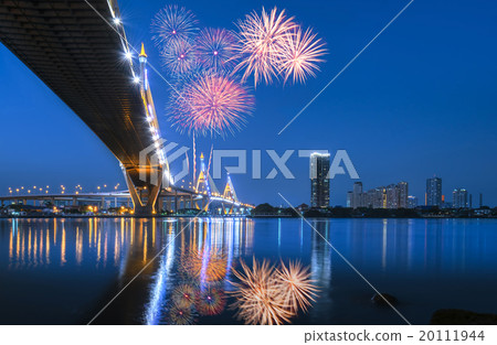 Night Scene Bhumibol Bridge with fireworks 20111944