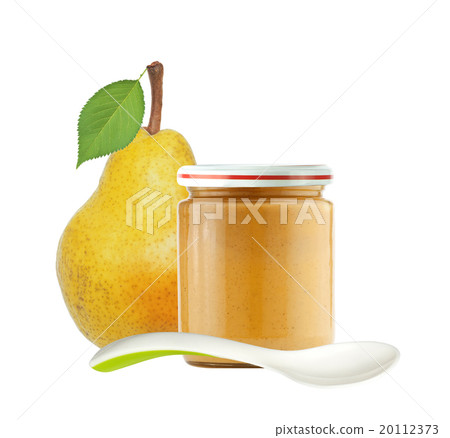 Jar of baby puree and fresh yellow pear with leaf 20112373