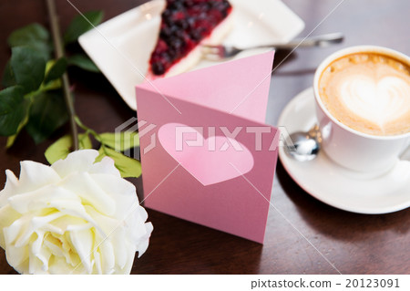 close up of greeting card with heart and coffee close up of greeting card with heart and coffee 20123091