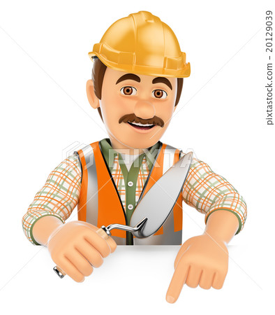 3D Construction worker pointing down. Blank space 3D Construction worker pointing down. Blank space 20129039