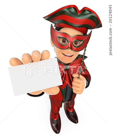 3D Man with carnival costume showing a blank card 3D Man with carnival costume showing a blank card 20129045