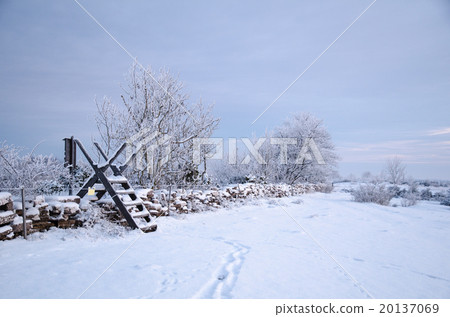 Winterland with a stile at a stone wall Winterland with a stile at a stone wall 20137069