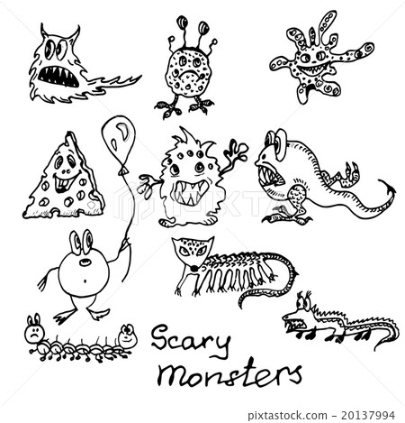 Hand drawn ink black and white cartoon monsters Hand drawn ink black and white cartoon monsters 20137994