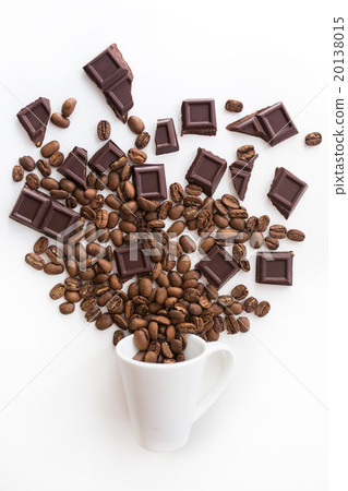 cup filled coffee beans with chocolate on white cup filled coffee beans with chocolate on white 20138015