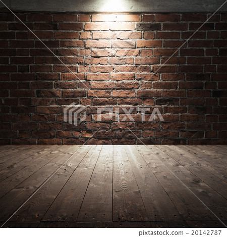Wooden floor and red brick wall with spot light Wooden floor and red brick wall with spot light 20142787