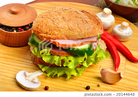hamburger with ham, mushrooms, cucumber, salad 20144648