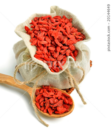 Goji berries in sack bag with wooden spoon Goji berries in sack bag with wooden spoon 20144649