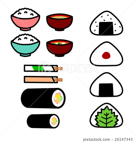 Japanese meals (rice, rice cups, miso soup, rice balls, rolled seaweed) 20147343
