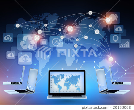 Laptops and world map with connection points in Laptops and world map with connection points in 20153068