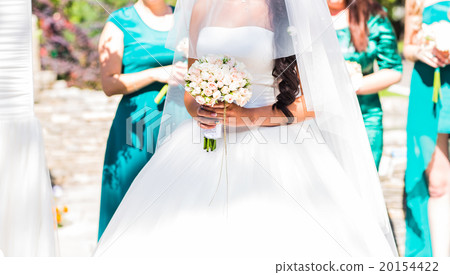 Bride, row of bridesmaids with bouquets at big 20154422