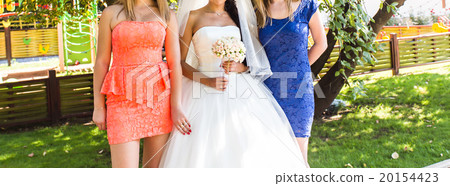 Bride, row of bridesmaids with bouquets at big 20154423