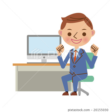 Businessman using laptop computer at desk (Guts pose) 20155030