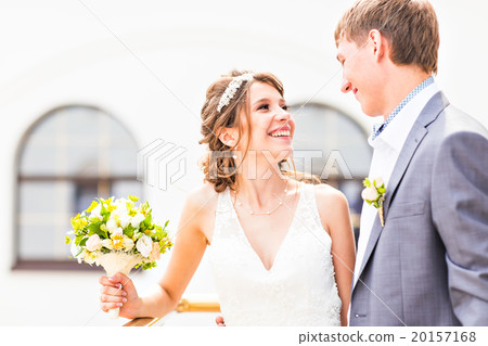 happy wedding couple stand on the balcony happy wedding couple stand on the balcony 20157168