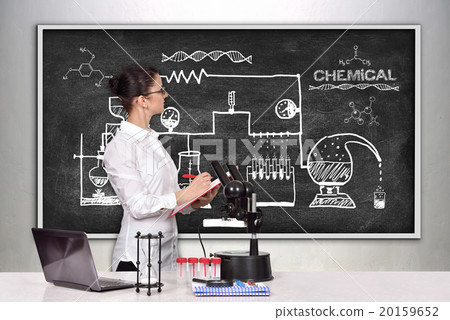 female scientist looking on scheme chemical reaction female scientist looking on scheme chemical reaction 20159652