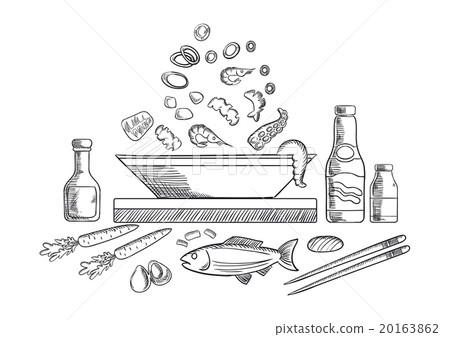 Seafood dish sketch with fish and vegetables 20163862