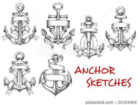 Sketches of old heraldic anchors with ribbons Sketches of old heraldic anchors with ribbons 20164069