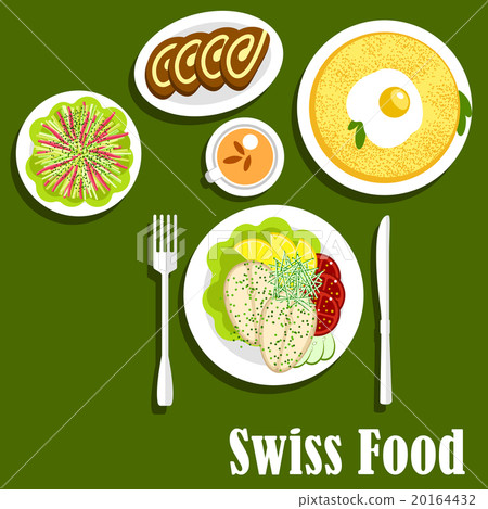Swiss cuisine with rosti, fish and chocolate roll 20164432