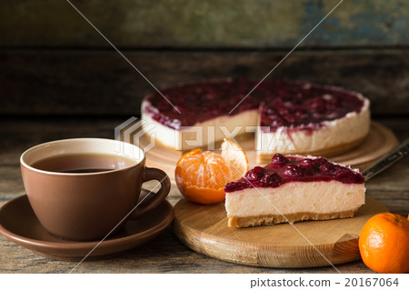 Slice of cheesecake with cherries and cup of tea Slice of cheesecake with cherries and cup of tea 20167064