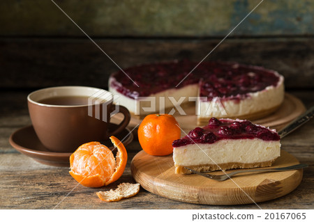 Slice of cheesecake with cherries and cup of tea Slice of cheesecake with cherries and cup of tea 20167065