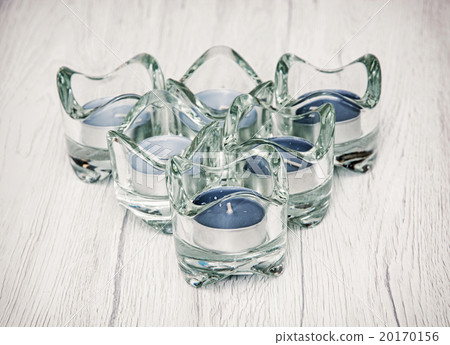 Six candlesticks of glass with tea lights, religious theme Six candlesticks of glass with tea lights, religious theme 20170156