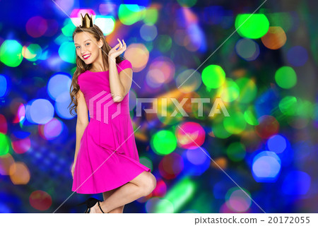 happy young woman or teen girl in princess crown 20172055
