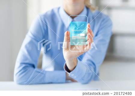 close up of woman with transparent smartphone close up of woman with transparent smartphone 20172480