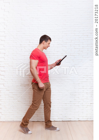Casual Man Using Tablet Computer Busy Go Social Casual Man Using Tablet Computer Busy Go Social 20173218