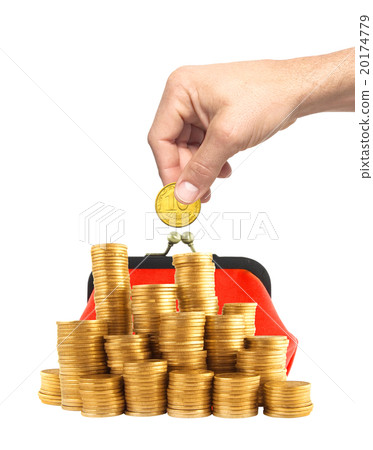 golden coin in man hand and red purse isolated golden coin in man hand and red purse isolated 20174779