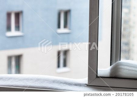 snow on home window casement and house in winter snow on home window casement and house in winter 20178105