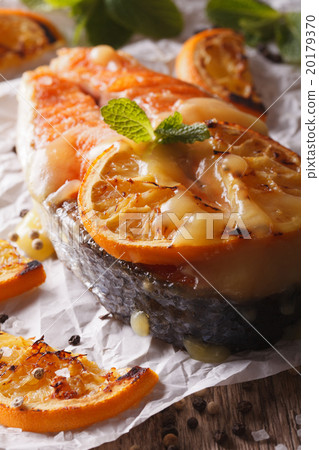baked salmon steak with oranges macro baked salmon steak with oranges macro 20179370