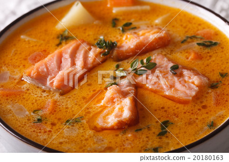 Tasty fish soup with salmon and vegetables macro 20180163