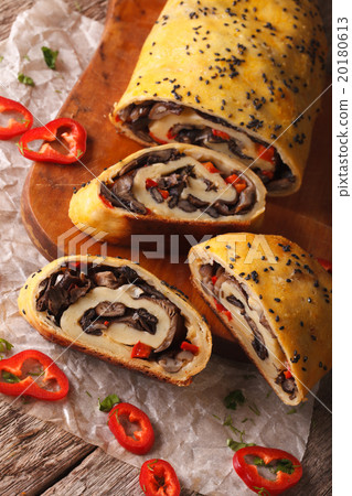 Potato roll stuffed with wild mushrooms closeup 20180613