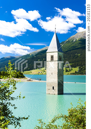 tower of sunken church in Resia lake, Italy 20181153