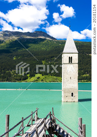 tower of sunken church in Resia lake, Italy 20181154