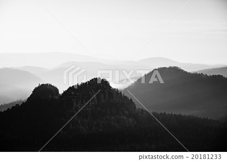Sunrise between sandstone hills increased from fog Sunrise between sandstone hills increased from fog 20181233