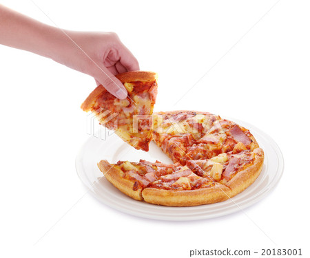 hand holding pizza on plate on white background 20183001