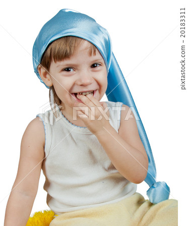 Kid in blue sleeping hat isolated on white Kid in blue sleeping hat isolated on white 20183311