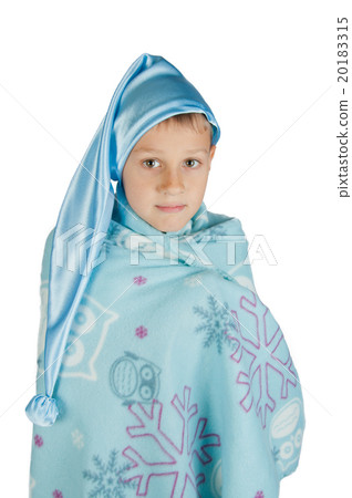 Cute boy in blue sleeping hat isolated on white Cute boy in blue sleeping hat isolated on white 20183315