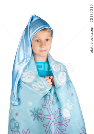 Cute boy in blue sleeping hat isolated on white Cute boy in blue sleeping hat isolated on white 20183319
