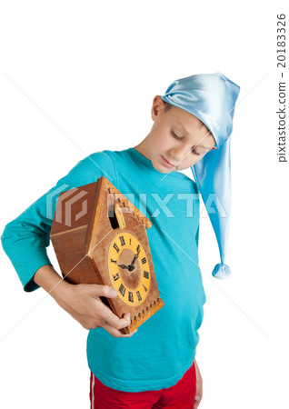 Cute boy holding clock isolated on white Cute boy holding clock isolated on white 20183326