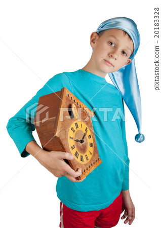 Cute boy holding clock isolated on white 20183328